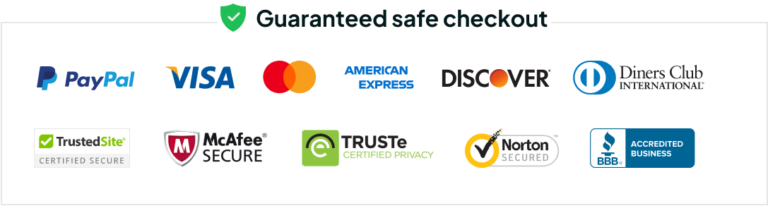 Guaranteed Safe Checkout via PayPal, Visa, Mastercard, AMEX, Discover, Norton